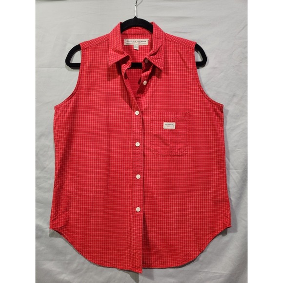 Vtg Y2k Guess Jeans‎ Red And White Checkered Sleeveless Button Up Large - Picture 1 of 9